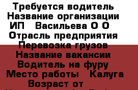 Требуется водитель › Название организации ­ ИП “ Васильева О.О.“ › Отрасль предприятия ­ Перевозка грузов › Название вакансии ­ Водитель на фуру › Место работы ­ Калуга › Возраст от ­ 25 - Калужская обл. Работа » Вакансии   